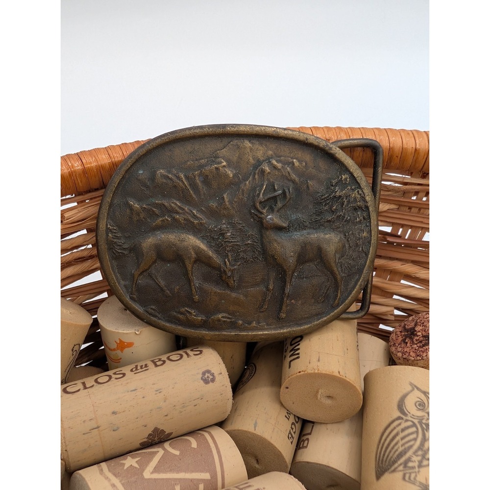 Vintage Indiana Metal Craft Brass Belt Buckle With Buck And Doe Scene